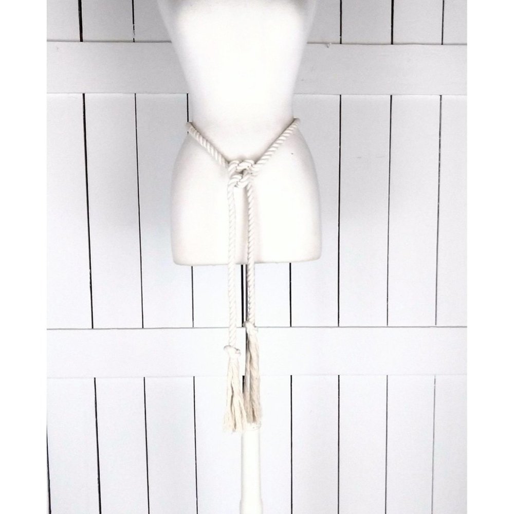 Ivory long woven braided rope knotted fringe tassel tie belt